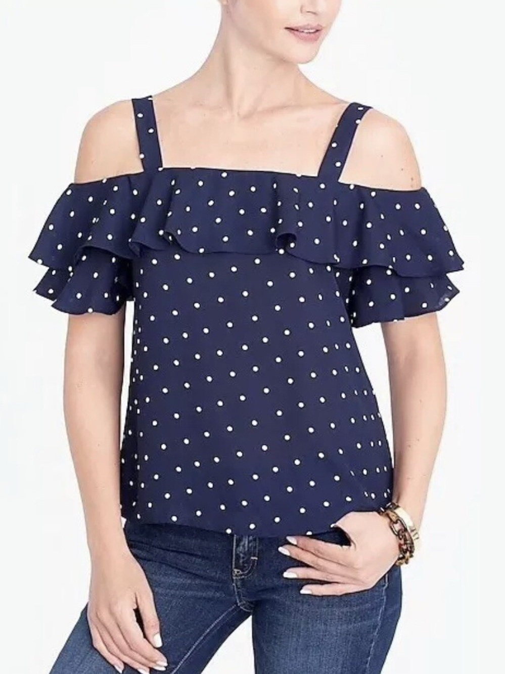 J. Crew Navy Polka Dot Off-Shoulder Blouse